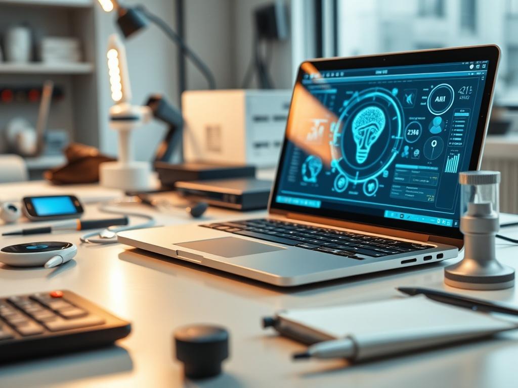 A close up shot of a high tech workspace featuring